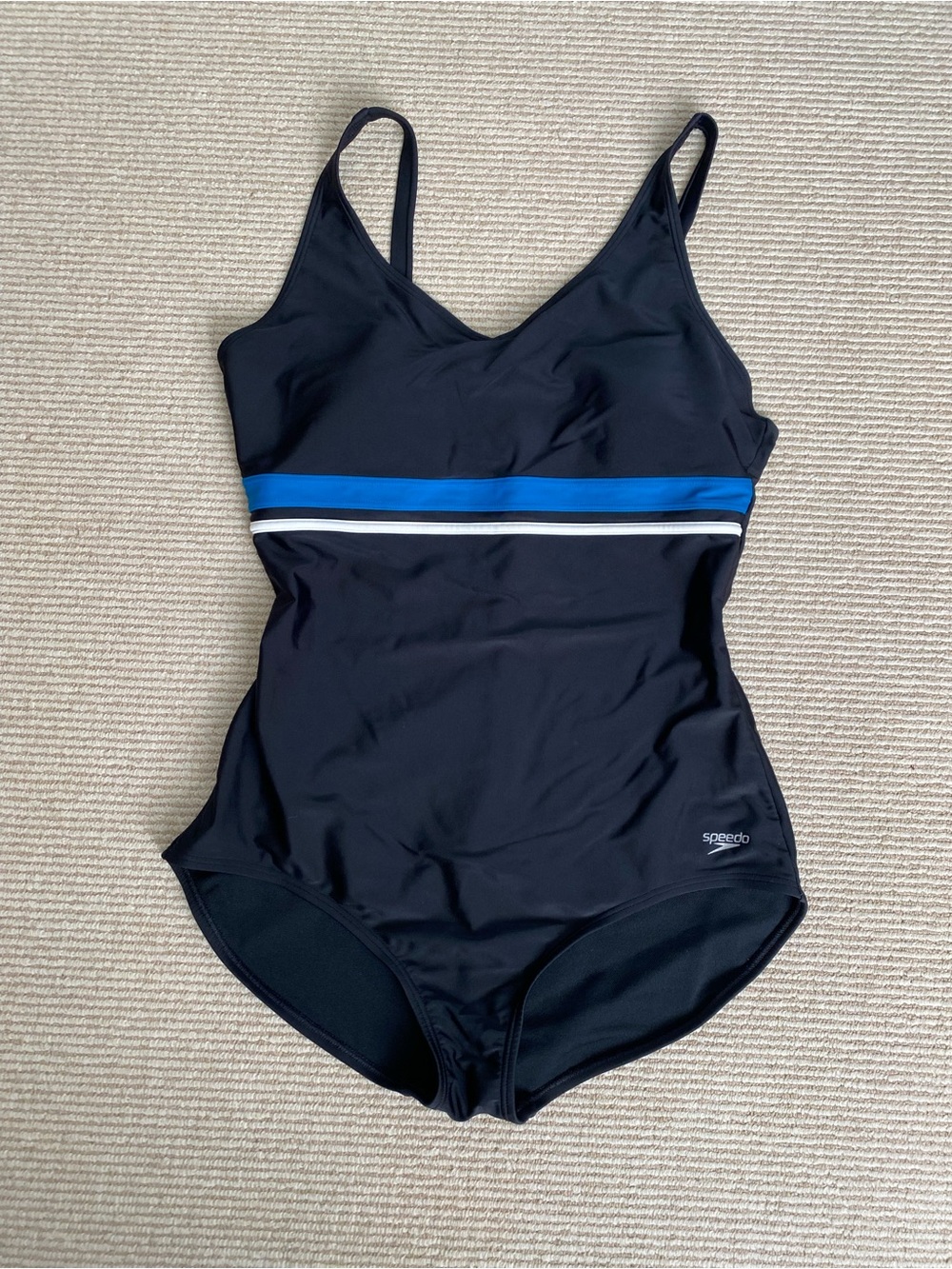 Speedo Black One-Piece Swimsuit with Blue and White Stripes Size XL